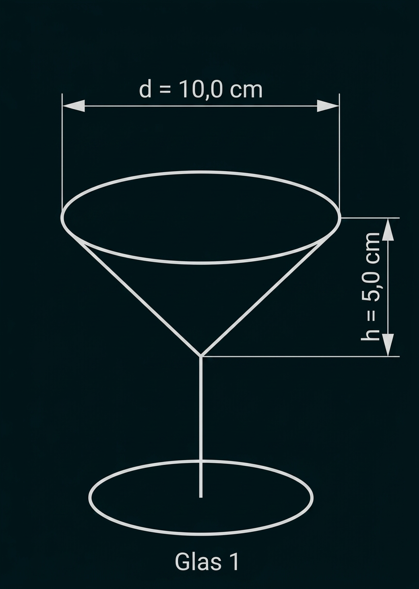 Skizze eines Kegelglases mit 10 cm Durchmesser und 5 cm Höhe, bezeichnet als Glas 1.